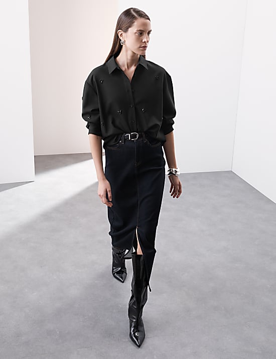 Wool Blend Embellished Long Sleeve Shirt