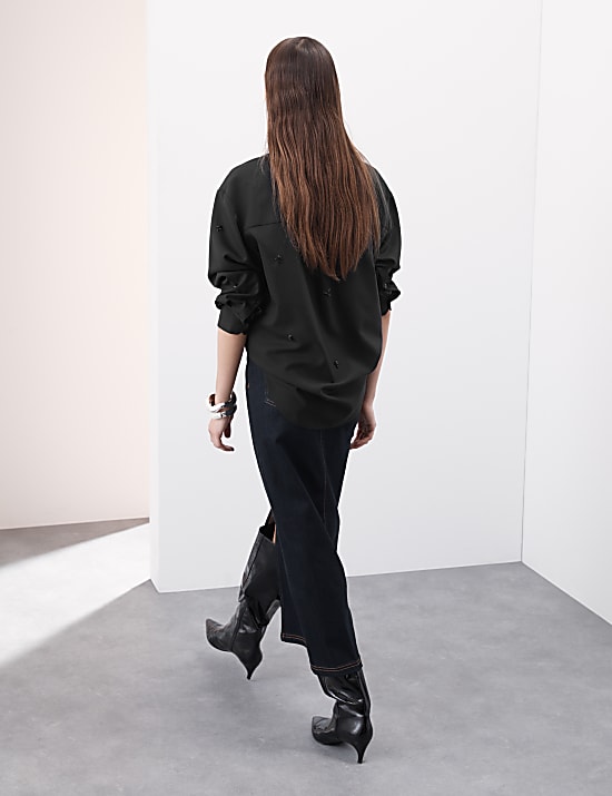 Wool Blend Embellished Long Sleeve Shirt