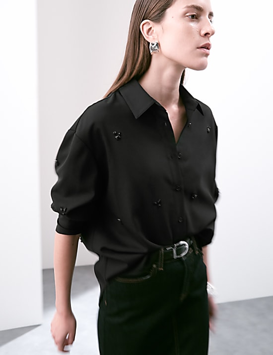 Wool Blend Embellished Long Sleeve Shirt