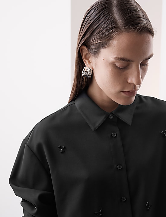 Wool Blend Embellished Long Sleeve Shirt