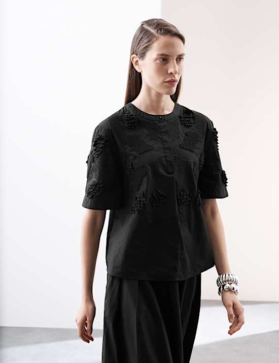 Pure Cotton Embroidered Round Neck Short Sleeve Blouse