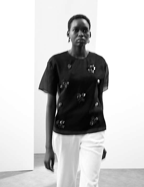 Organza Floral Embellished Round Neck Top