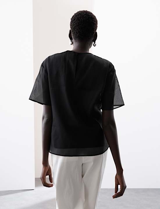 Organza Floral Embellished Round Neck Top