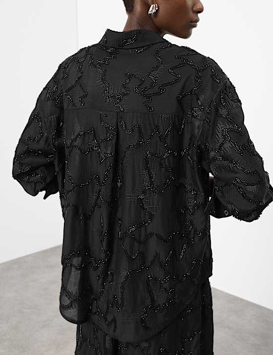 Kragenhemd mit hohem Lyocellanteil und Perlen