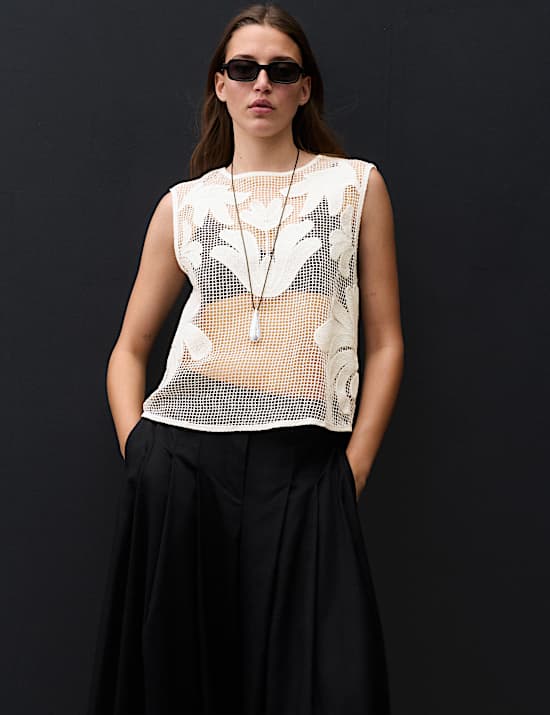 Top 100 % coton brod&eacute; de fleurs