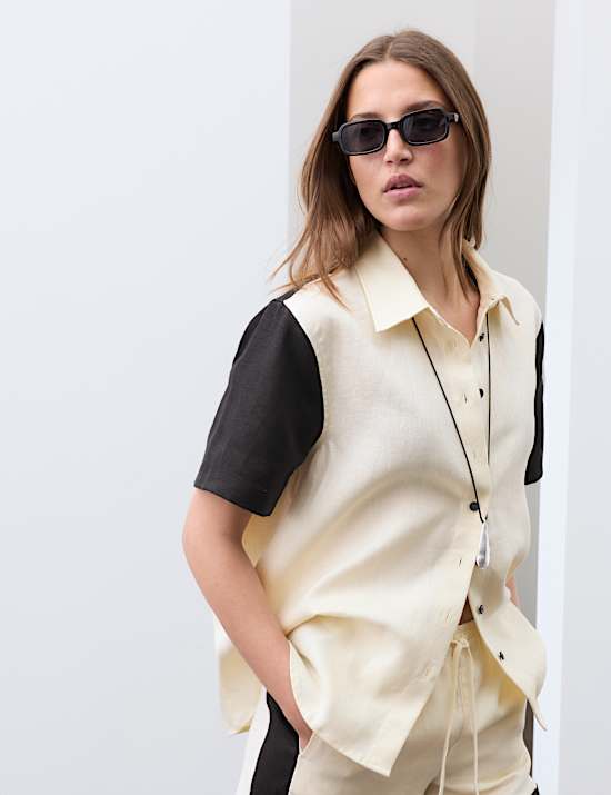 Chemise baln&eacute;aire 100 % lin &agrave; motif contrast&eacute;