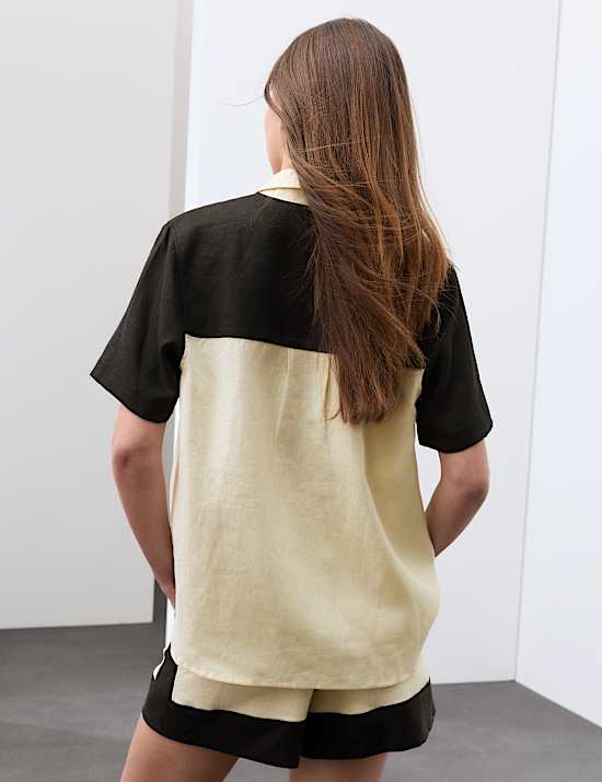 Chemise baln&eacute;aire 100 % lin &agrave; motif contrast&eacute;
