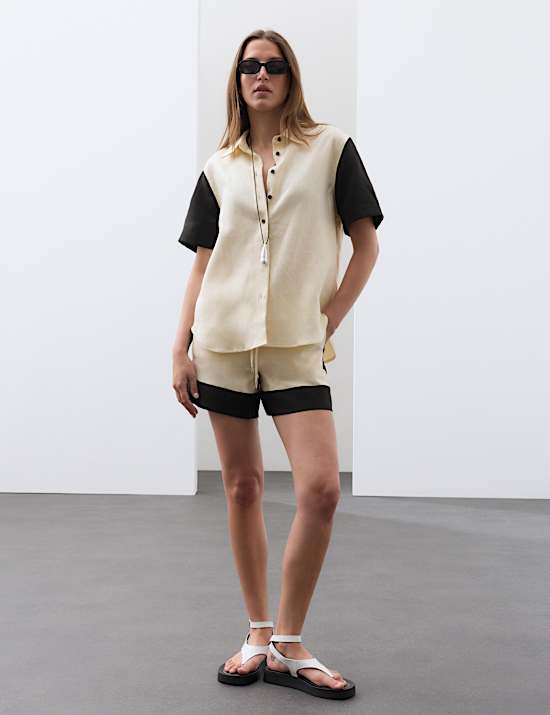 Chemise baln&eacute;aire 100 % lin &agrave; motif contrast&eacute;