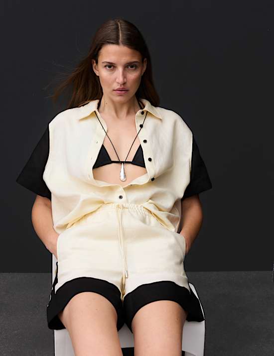 Chemise baln&eacute;aire 100 % lin &agrave; motif contrast&eacute;