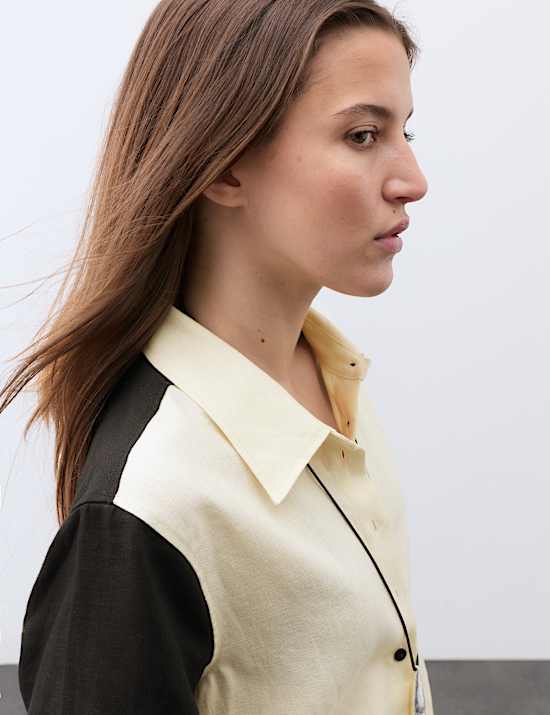 Chemise baln&eacute;aire 100 % lin &agrave; motif contrast&eacute;