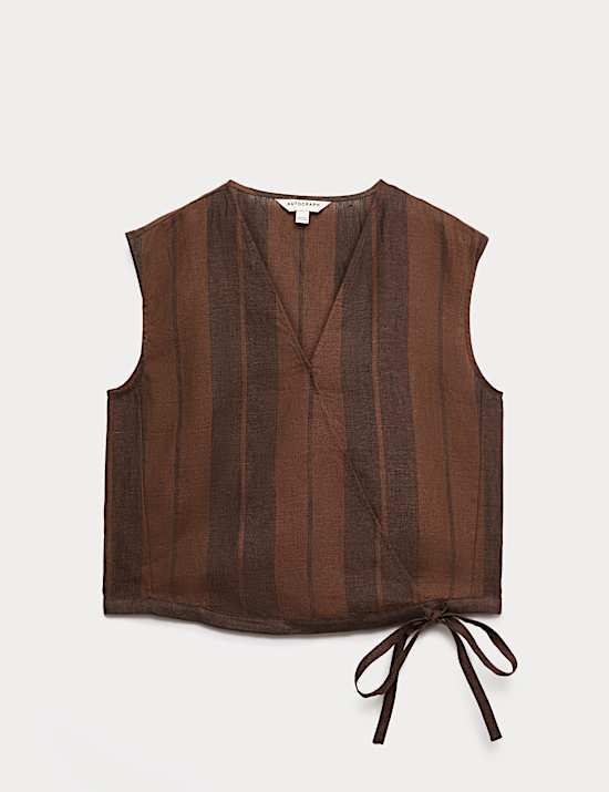 Pure Flax Linen Striped Wrap Top