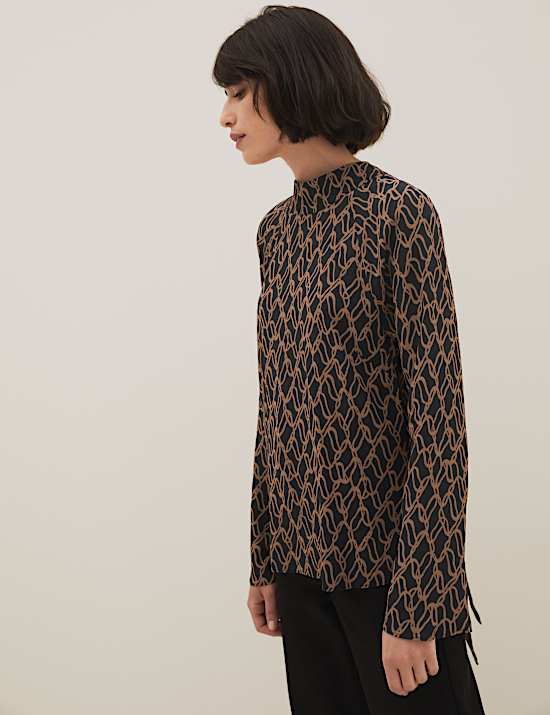 Printed High Neck Long Sleeve Blouse