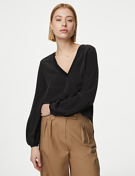 Pure Silk V-Neck Popover Blouse