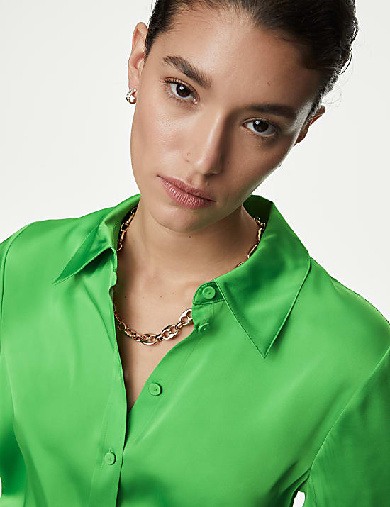 Satin Collared Blouson Sleeve Shirt