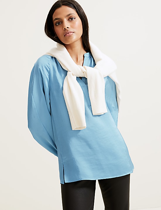 V-Neck Long Sleeve Popover Blouse