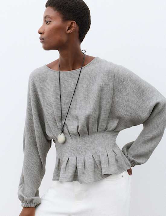 Textured Pleat Detail Blouson Sleeve Blouse