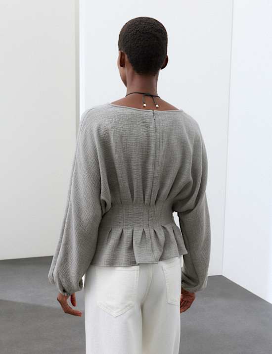 Textured Pleat Detail Blouson Sleeve Blouse