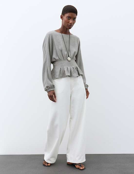 Textured Pleat Detail Blouson Sleeve Blouse