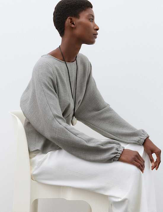 Textured Pleat Detail Blouson Sleeve Blouse