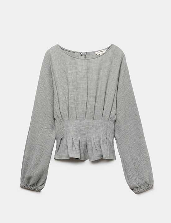 Textured Pleat Detail Blouson Sleeve Blouse