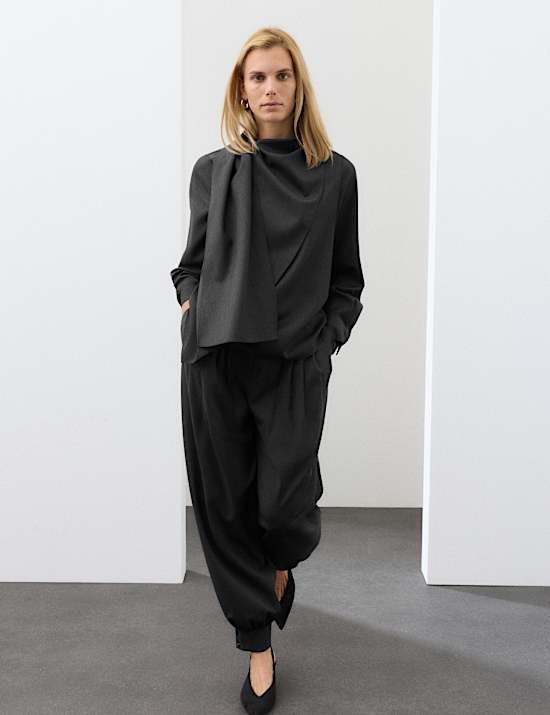 Wool Blend Draped Scarf Neck Blouse
