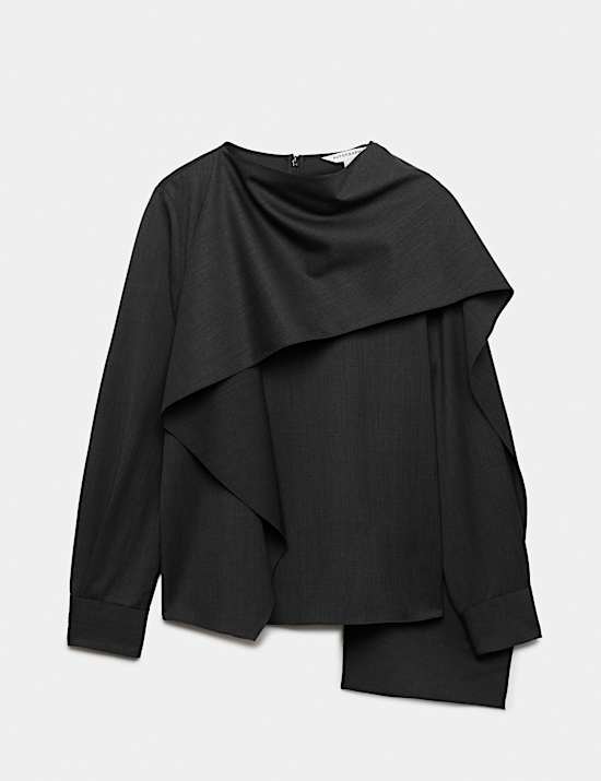 Wool Blend Draped Scarf Neck Blouse