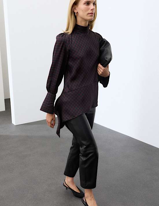 Satin Checked Tie Neck Asymmetric Blouse