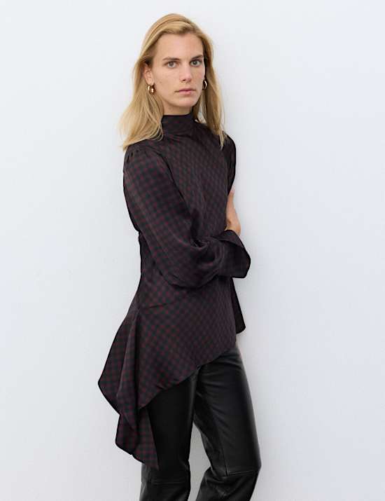 Satin Checked Tie Neck Asymmetric Blouse