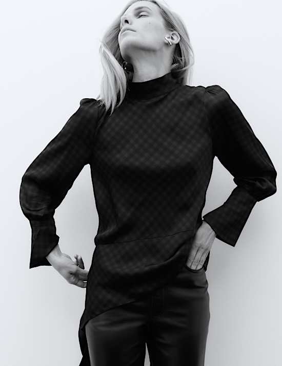 Satin Checked Tie Neck Asymmetric Blouse