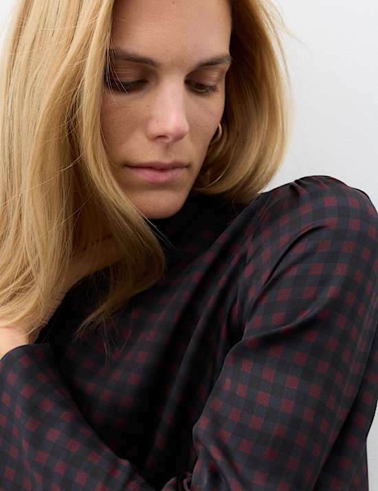 Satin Checked Tie Neck Asymmetric Blouse
