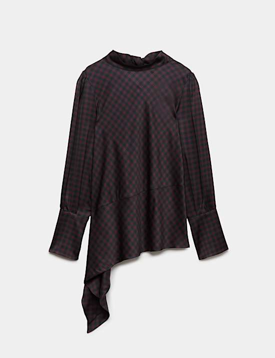 Satin Checked Tie Neck Asymmetric Blouse