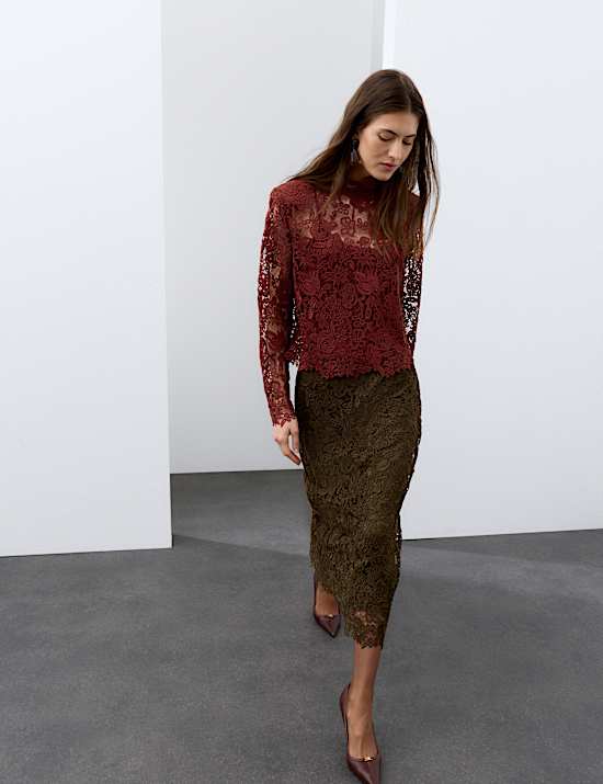 Lace High Neck Padded Shoulder Top