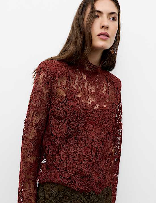 Lace High Neck Padded Shoulder Top