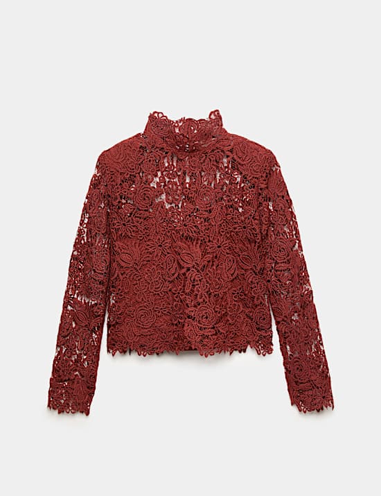 Lace High Neck Padded Shoulder Top