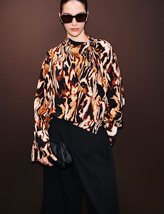 Animal Print Tie Neck Blouse with Silk