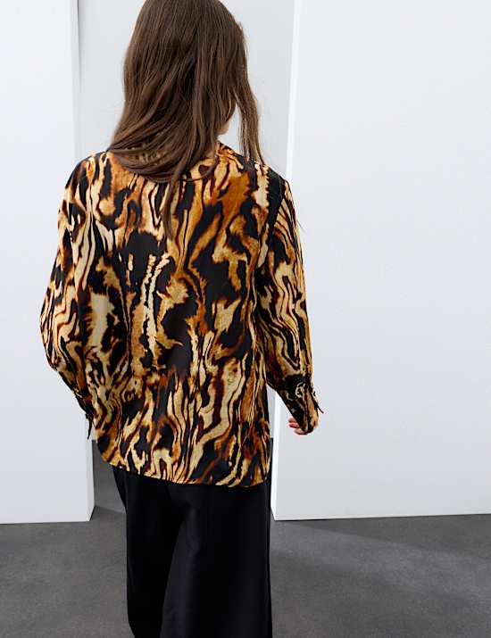 Animal Print Tie Neck Blouse with Silk