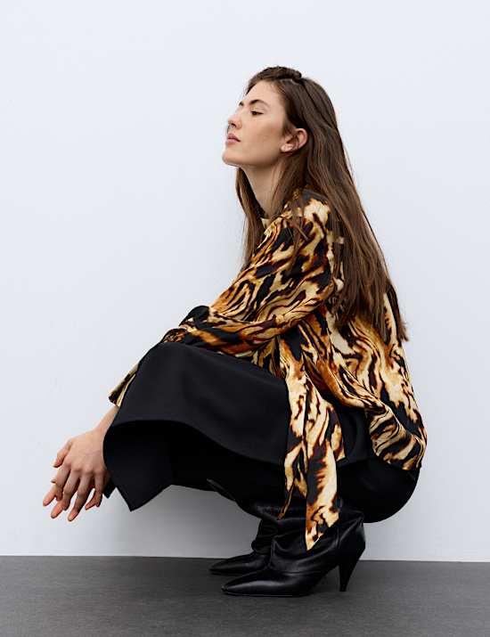 Animal Print Tie Neck Blouse with Silk