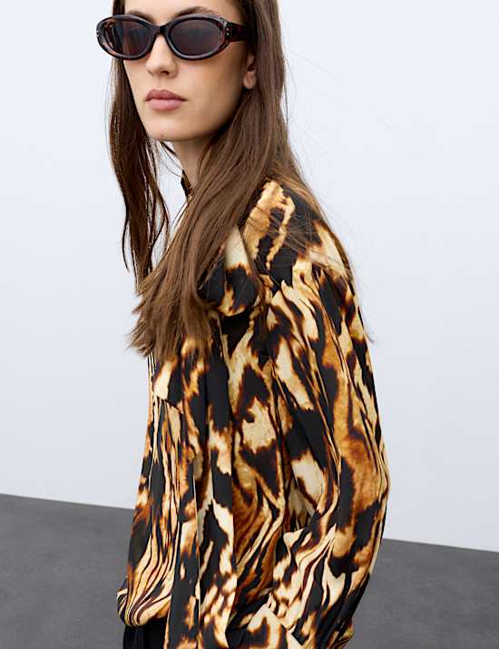 Animal Print Tie Neck Blouse with Silk