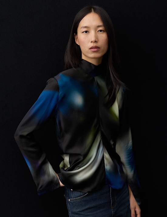 Satin Printed High Neck Tie Detail Blouse