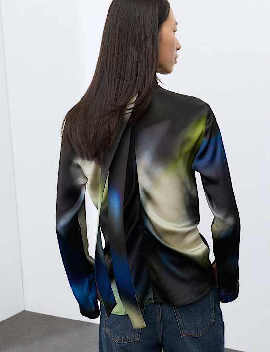 Satin Printed High Neck Tie Detail Blouse