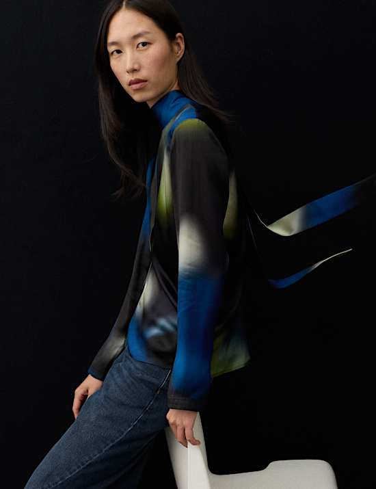 Satin Printed High Neck Tie Detail Blouse