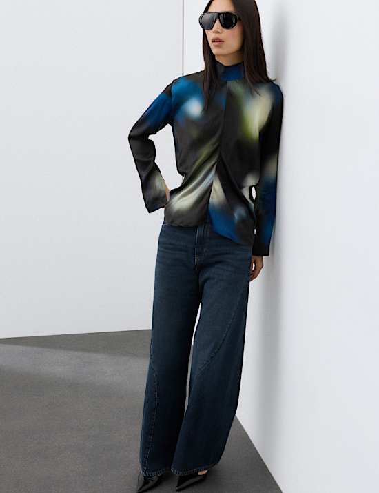Satin Printed High Neck Tie Detail Blouse