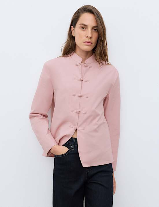 Pure Cotton High Neck Button Detail Blouse
