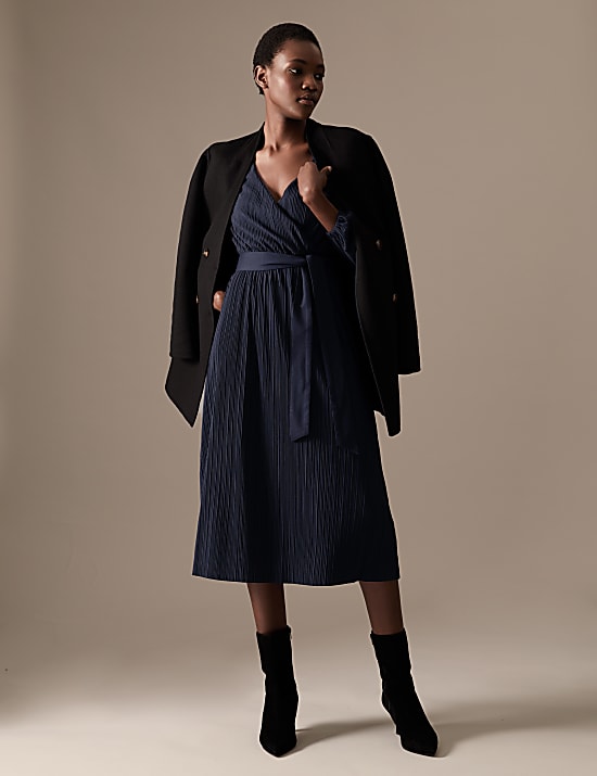 Jersey Plisse V-Neck Midi Wrap Dress