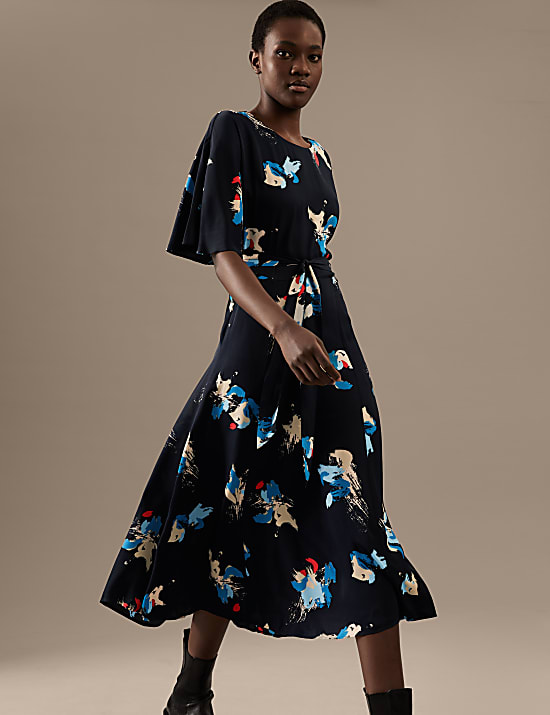 Printed Angel Sleeve Midi Waisted Dress