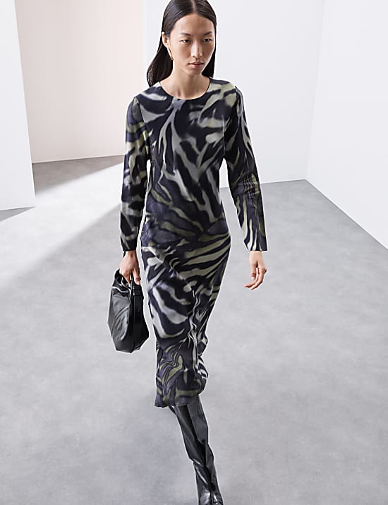 Cupro Rich Printed Midaxi Waisted Dress