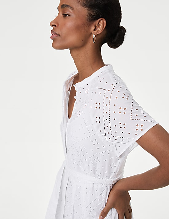 Vestido camisero maxi a media pierna 100% algod&oacute;n bordado