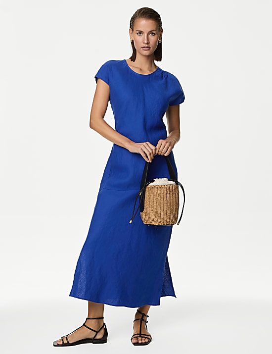 Pure Irish Linen Pleat Front Midaxi Dress