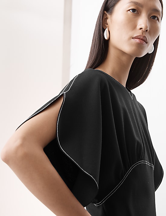 Wool Blend V-Neck Midaxi Waisted Dress