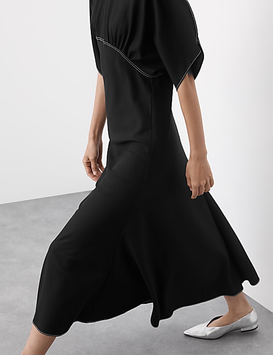 Wool Blend V-Neck Midaxi Waisted Dress